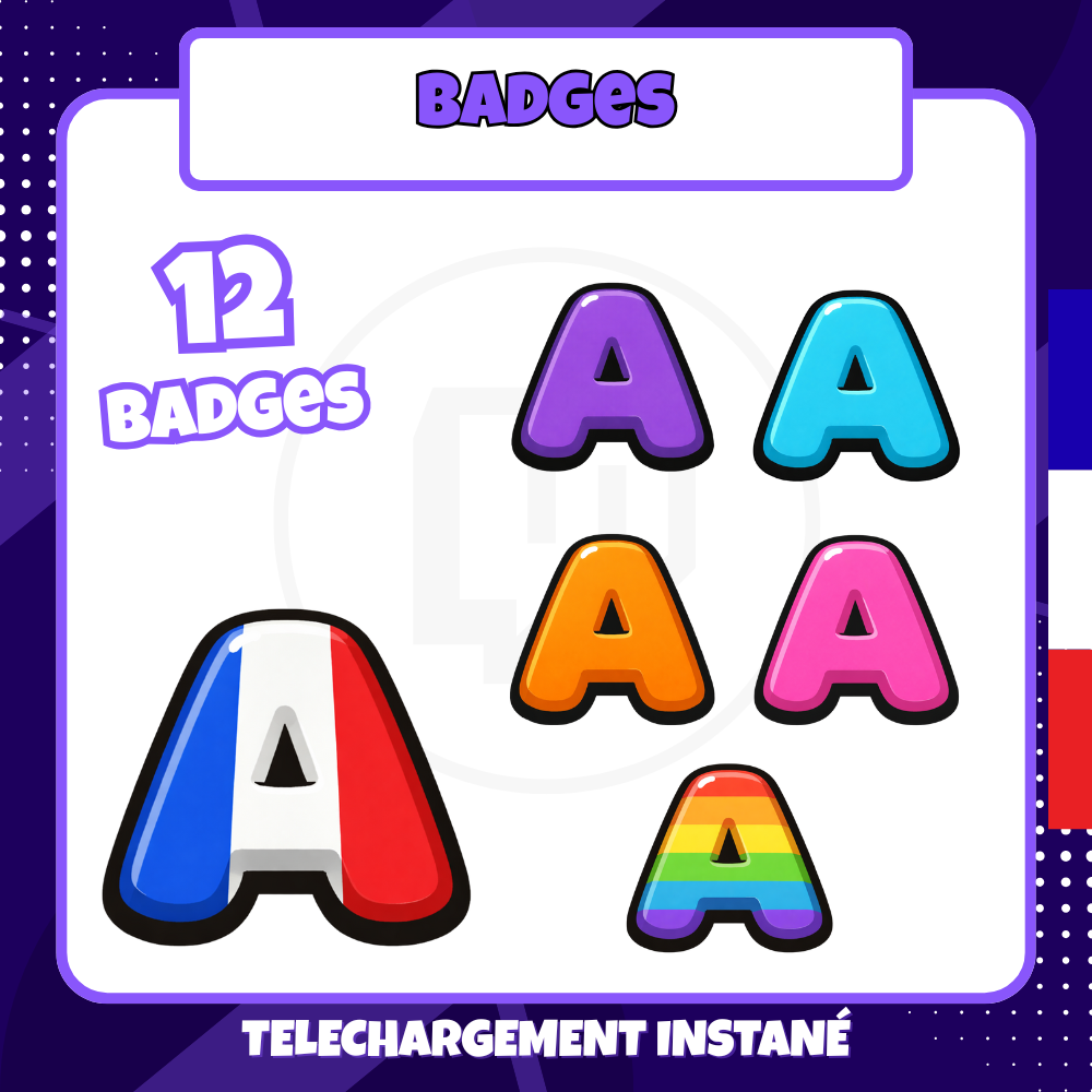 Pack de badges Twitch - Standard - Lettre A- 12 Badges + 3 Bonus