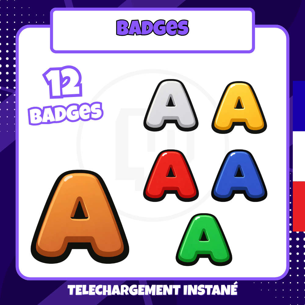 Pack de badges Twitch - Standard - Lettre A- 12 Badges + 3 Bonus