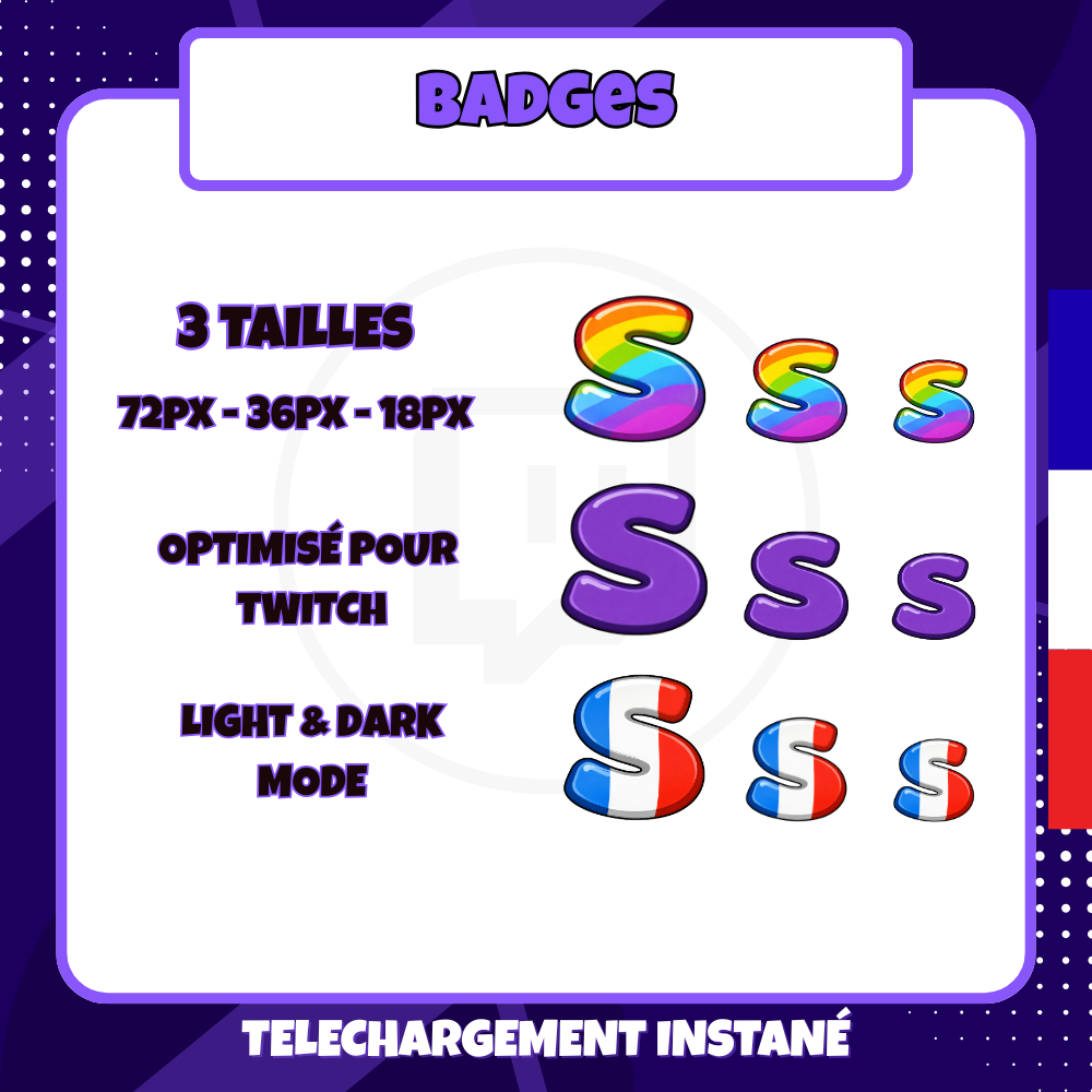 Pack de badges Twitch - Standard - Lettre S - 12 Badges