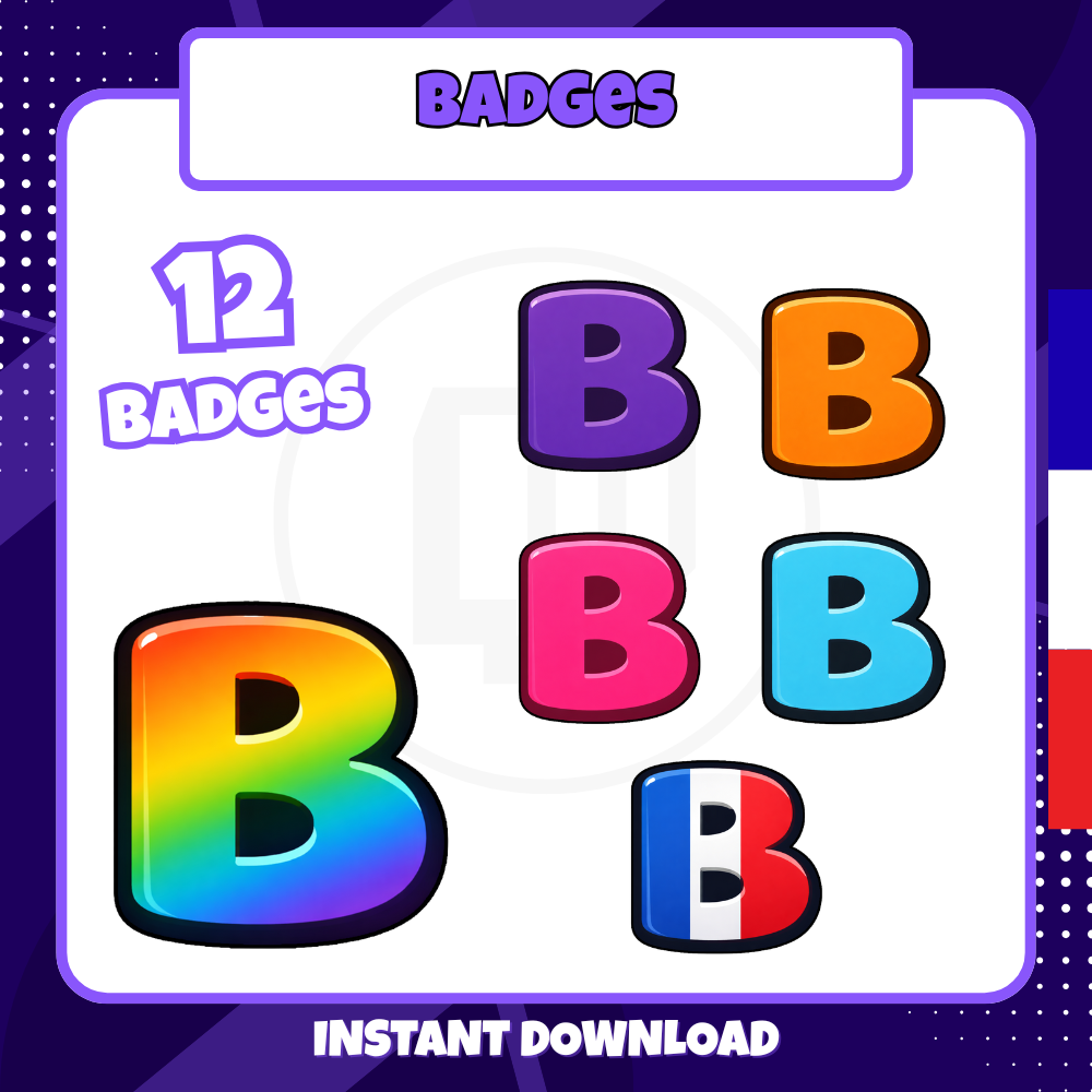 Pack de badges Twitch - Standard - Lettre B- 12 Badges + 3 Bonus