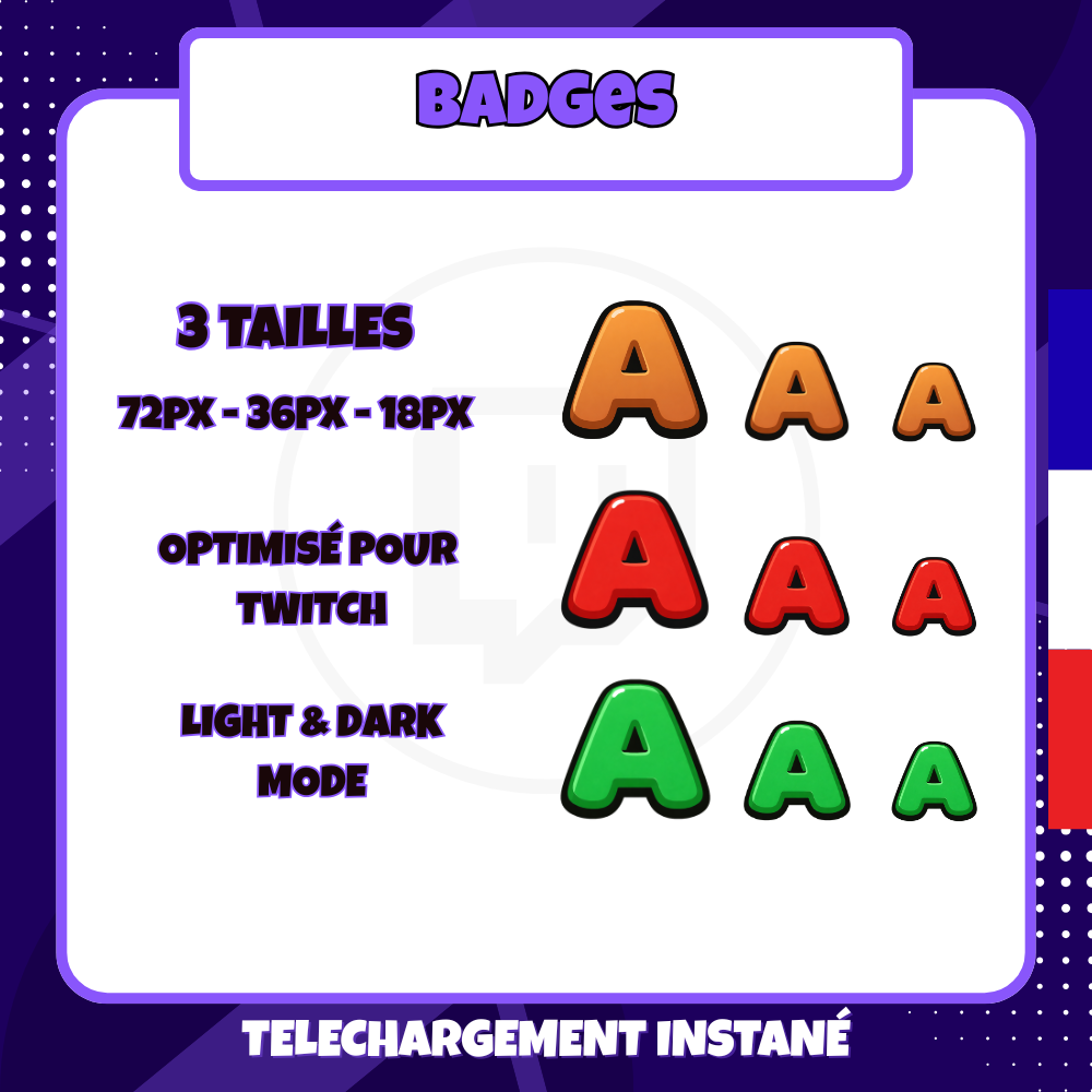 Pack de badges Twitch - Starter - Lettre A - 6 Badges 