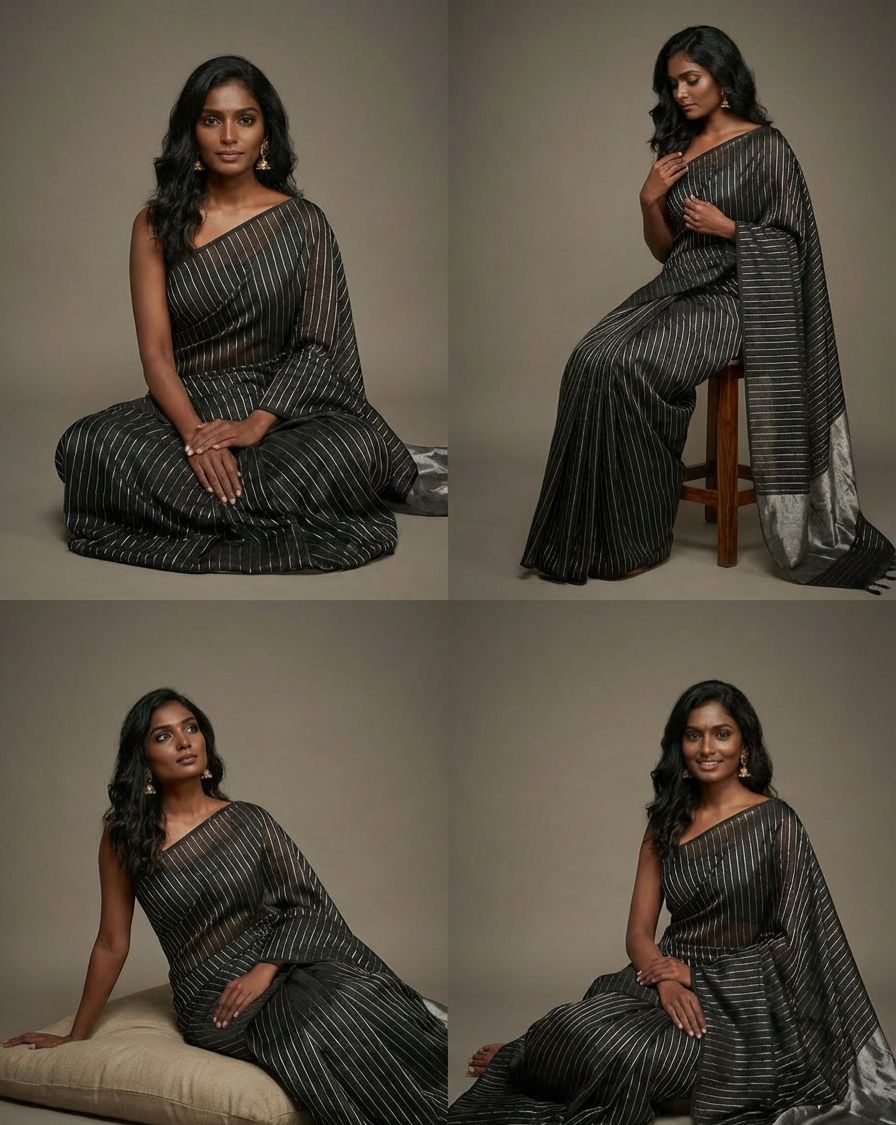 Pure Handloom Black Tissue Saree With Silver Pallu