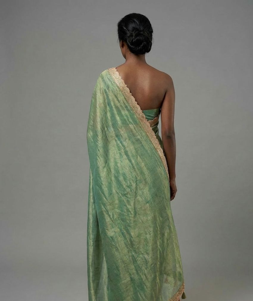 Pure Handloom Pista Green Tissue Saree With Border