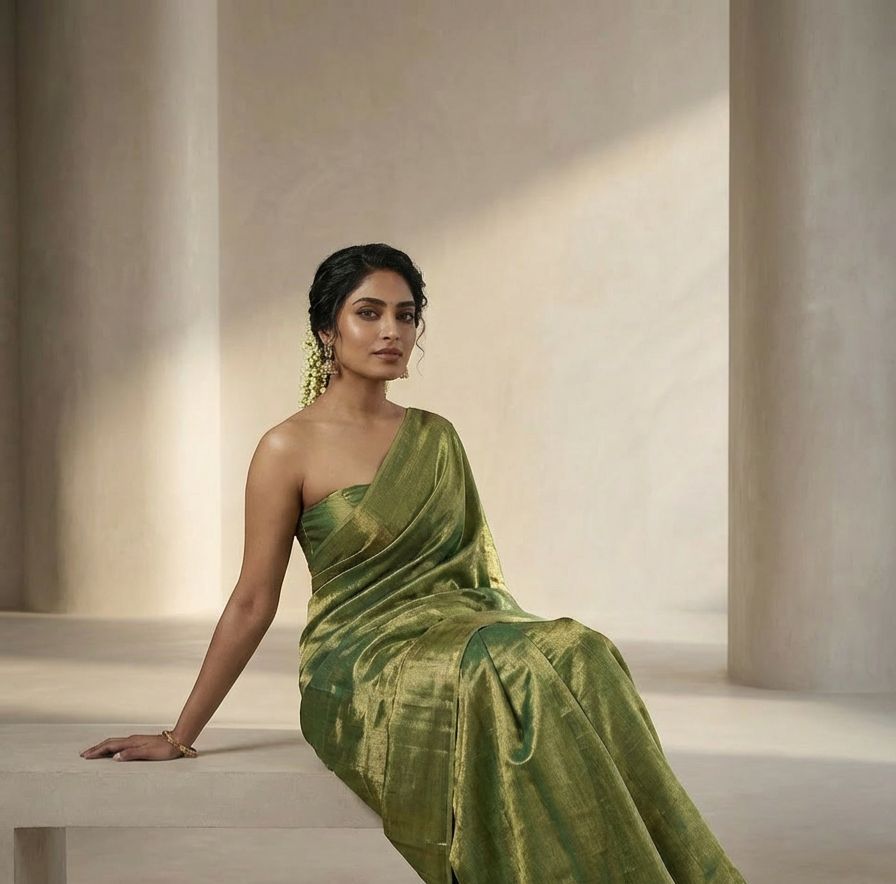 Pure handloom  Green Tissue Saree With Running Blouse Material