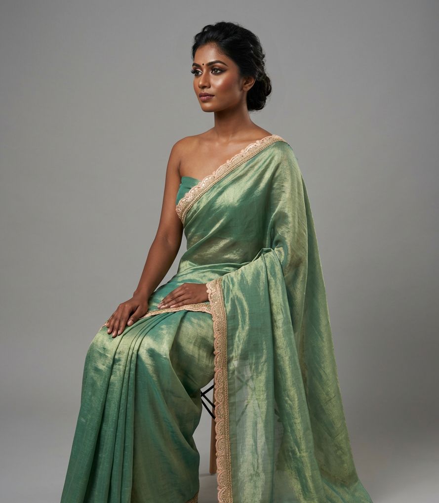 Pure Handloom Pista Green Tissue Saree With Border