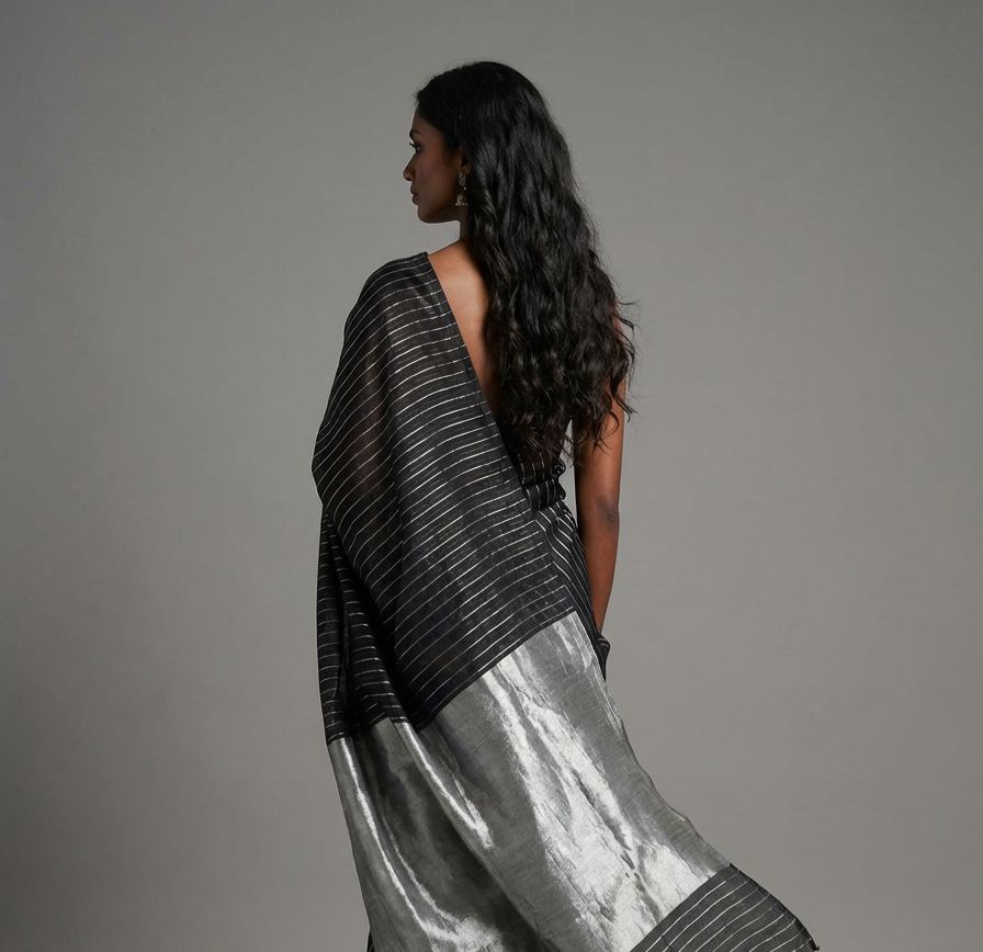 Pure Handloom Black Tissue Saree With Silver Pallu