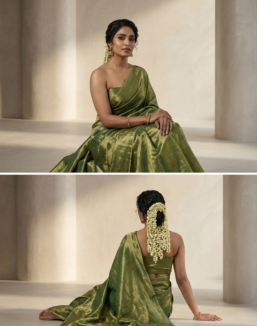 Pure handloom  Green Tissue Saree With Running Blouse Material