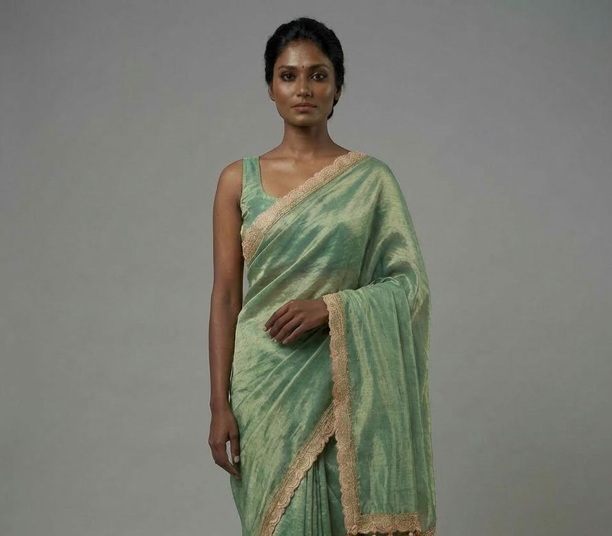 Pure Handloom Pista Green Tissue Saree With Border