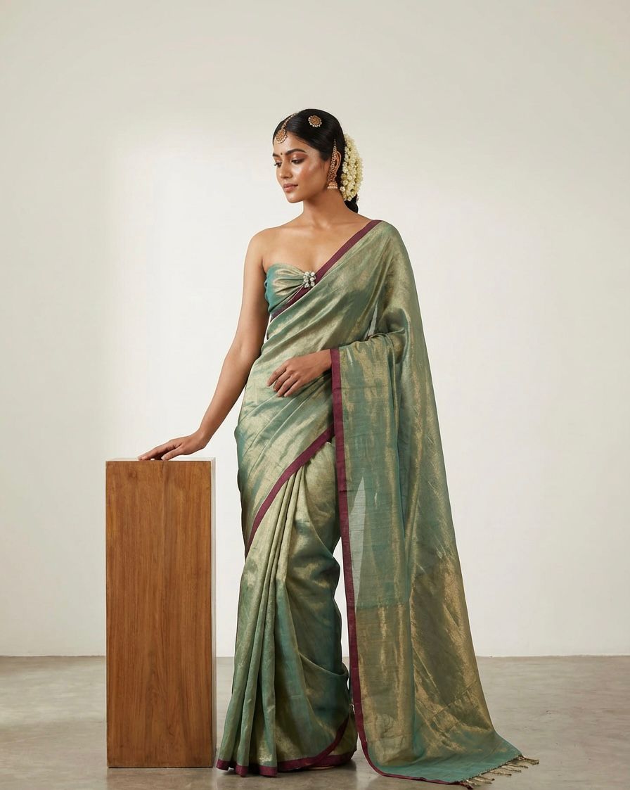 Pure Handloom Sea Green Tissue Saree With Contrast Border & Running Blouse Materia