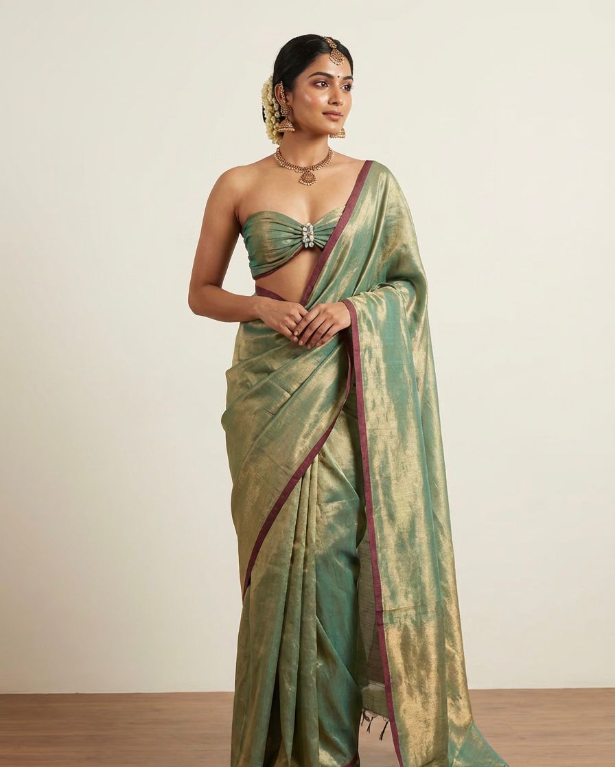 Pure Handloom Sea Green Tissue Saree With Contrast Border & Running Blouse Materia