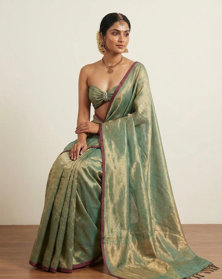 Pure Handloom Sea Green Tissue Saree With Contrast Border & Running Blouse Materia