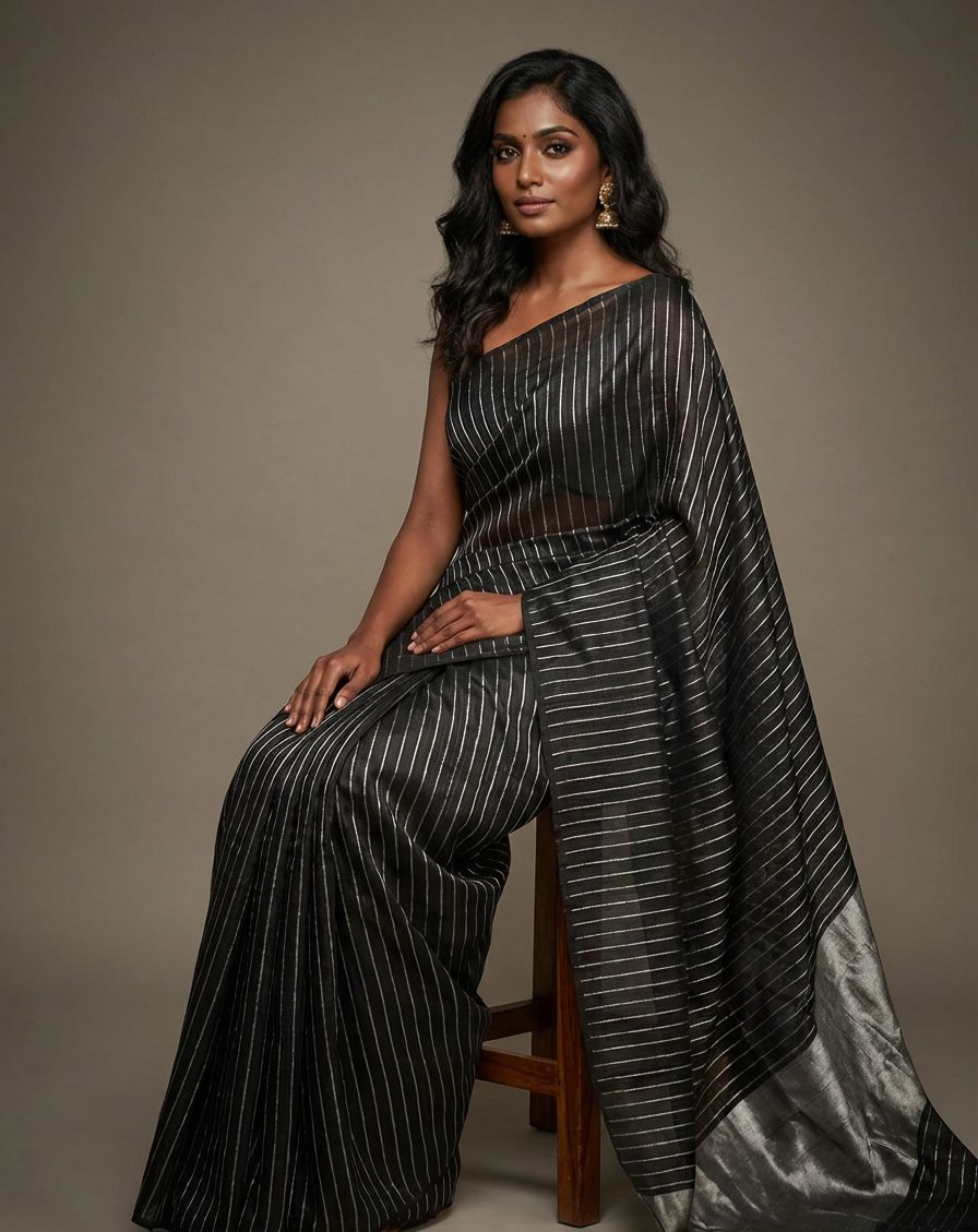 Pure Handloom Black Tissue Saree With Silver Pallu