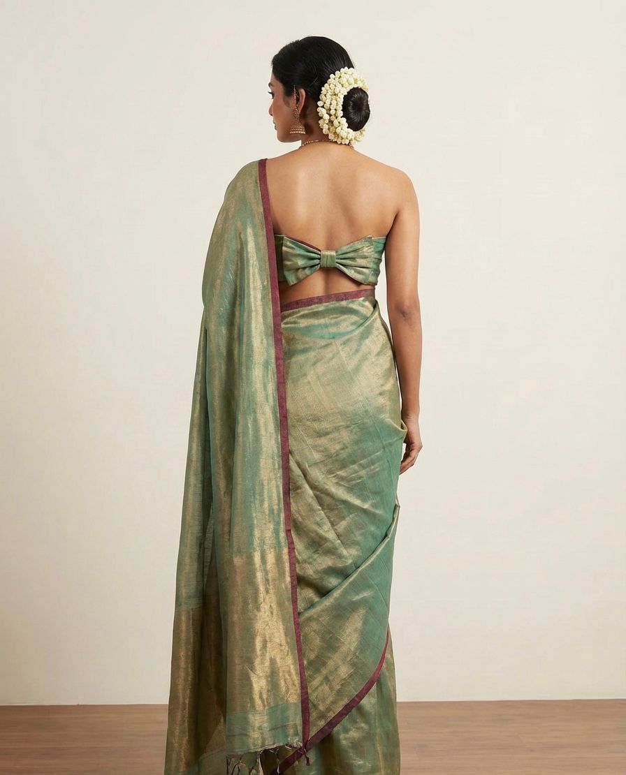 Pure Handloom Sea Green Tissue Saree With Contrast Border & Running Blouse Materia