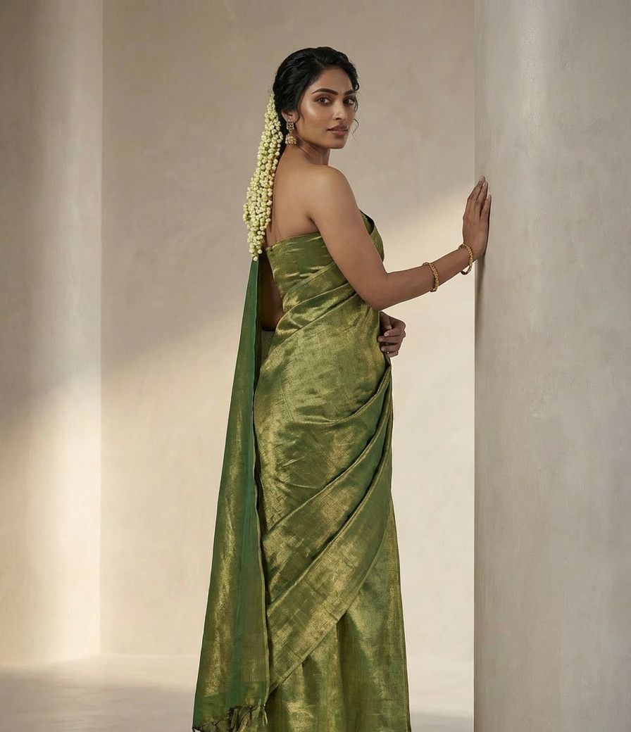 Pure handloom  Green Tissue Saree With Running Blouse Material