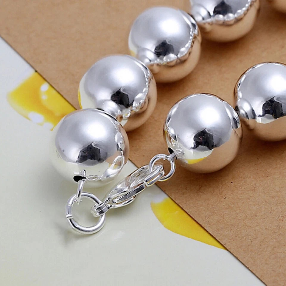 925 Silver 14mm Beaded Bracelet – 8" Polished Ball Chain with Lobster Clasp