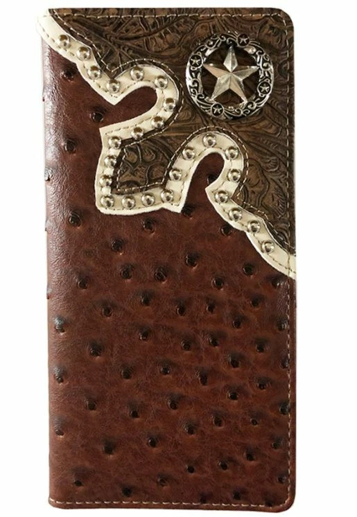 Men’s Western Bifold Wallet Ostrich Brown Checkbook Style Lone Star Design