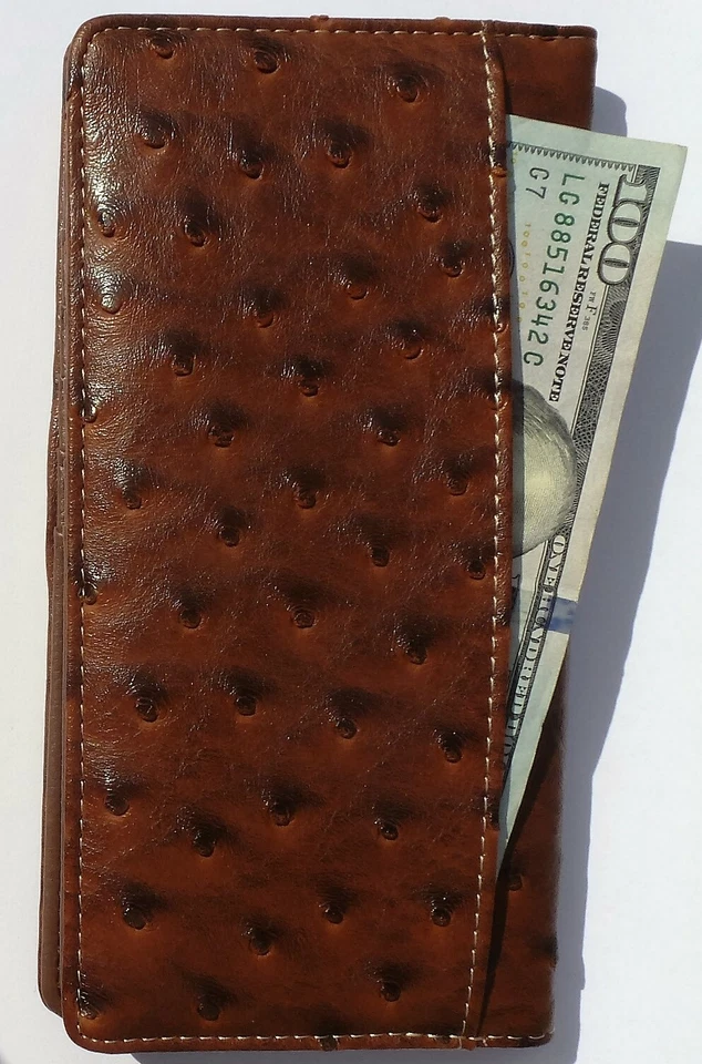 Long Horn Men’s Western Bifold Wallet Ostrich Pattern Checkbook Style Brown