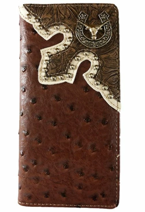 Long Horn Men’s Western Bifold Wallet Ostrich Pattern Checkbook Style Brown