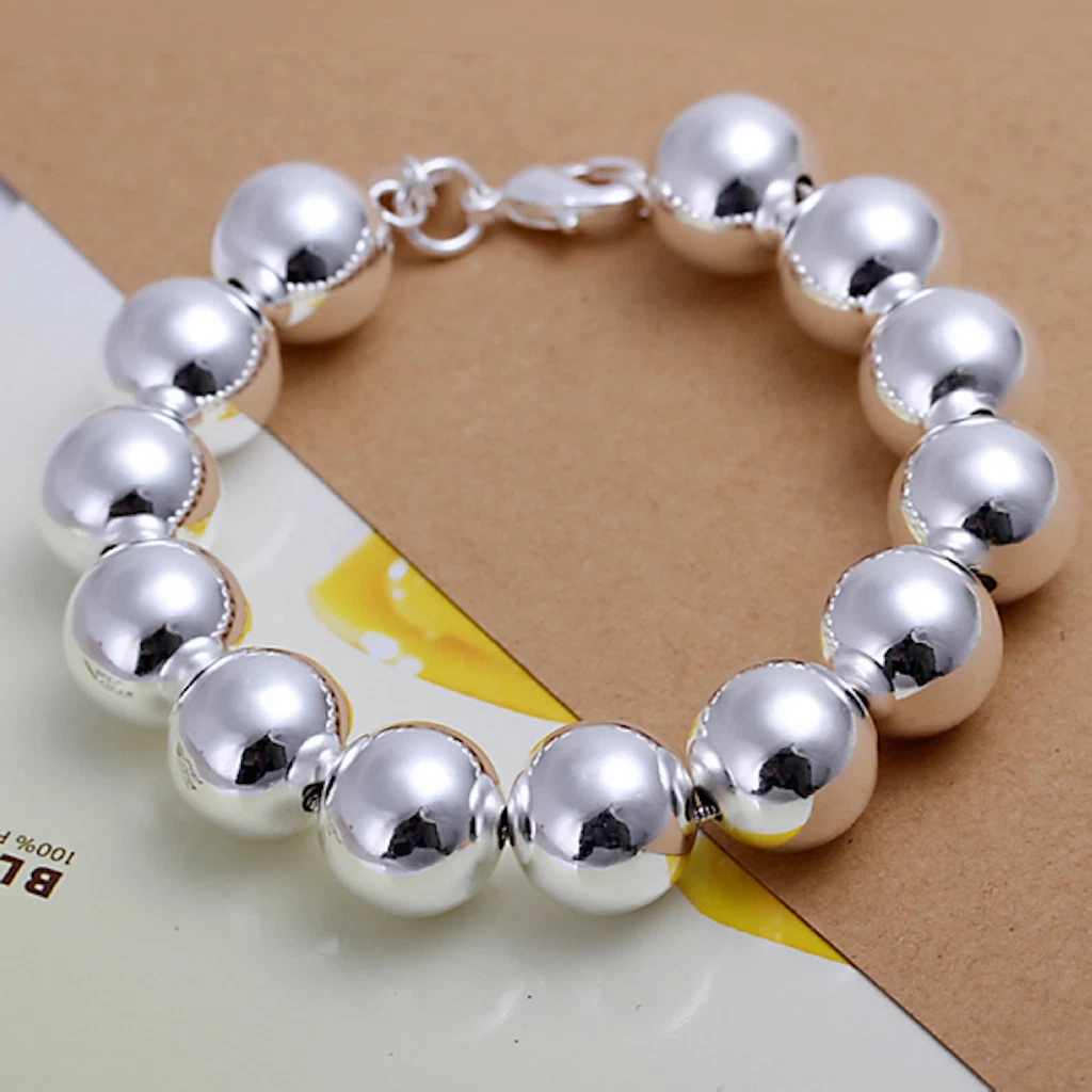 925 Silver 14mm Beaded Bracelet – 8" Polished Ball Chain with Lobster Clasp