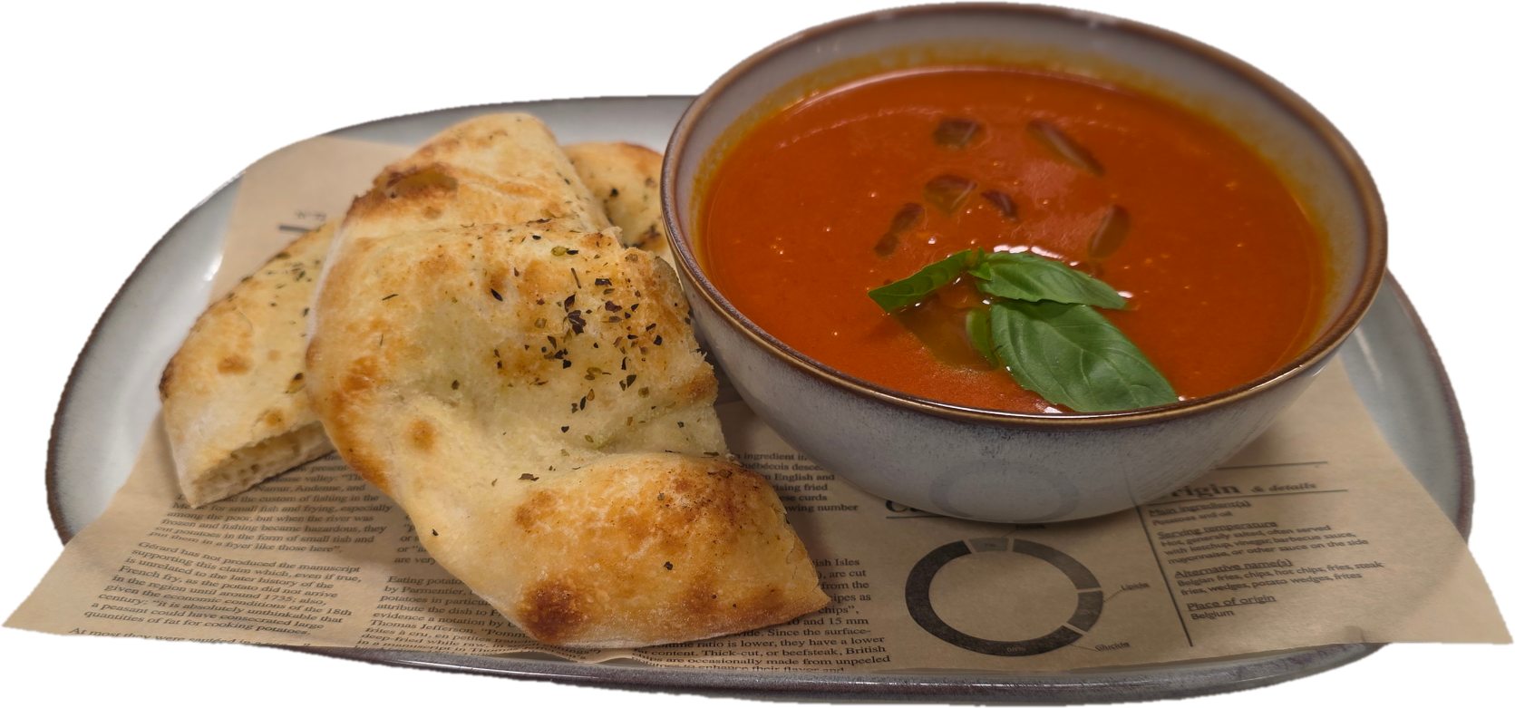 Pomidorynė su baziliku aliejumi, bei namine fokačia