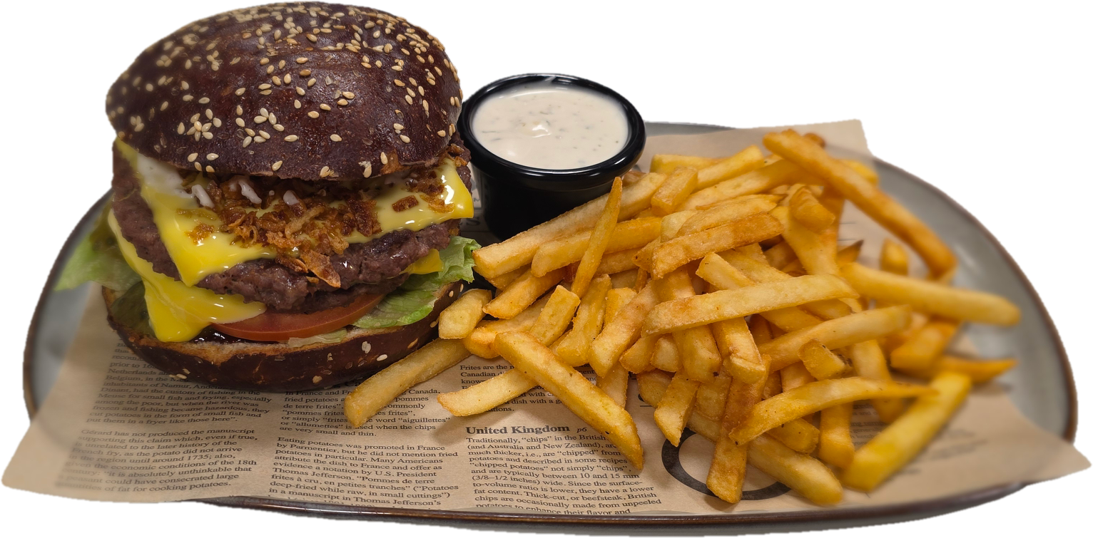 Dvigubas jautienos sūrainis su bulvių lazdelėmis