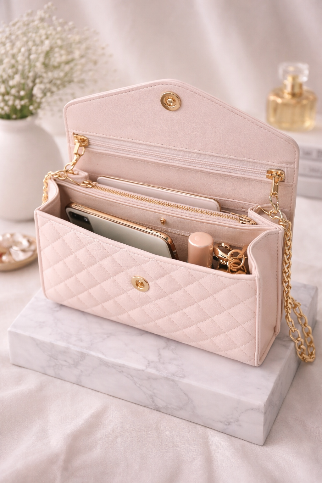 Sac à main matelassé rose poudré