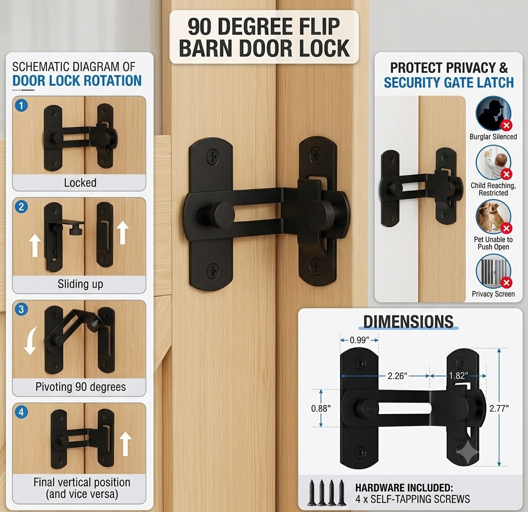 90 Degree Flip Barn Door Lock Privacy & Security Gate Latch Black(PW-644)