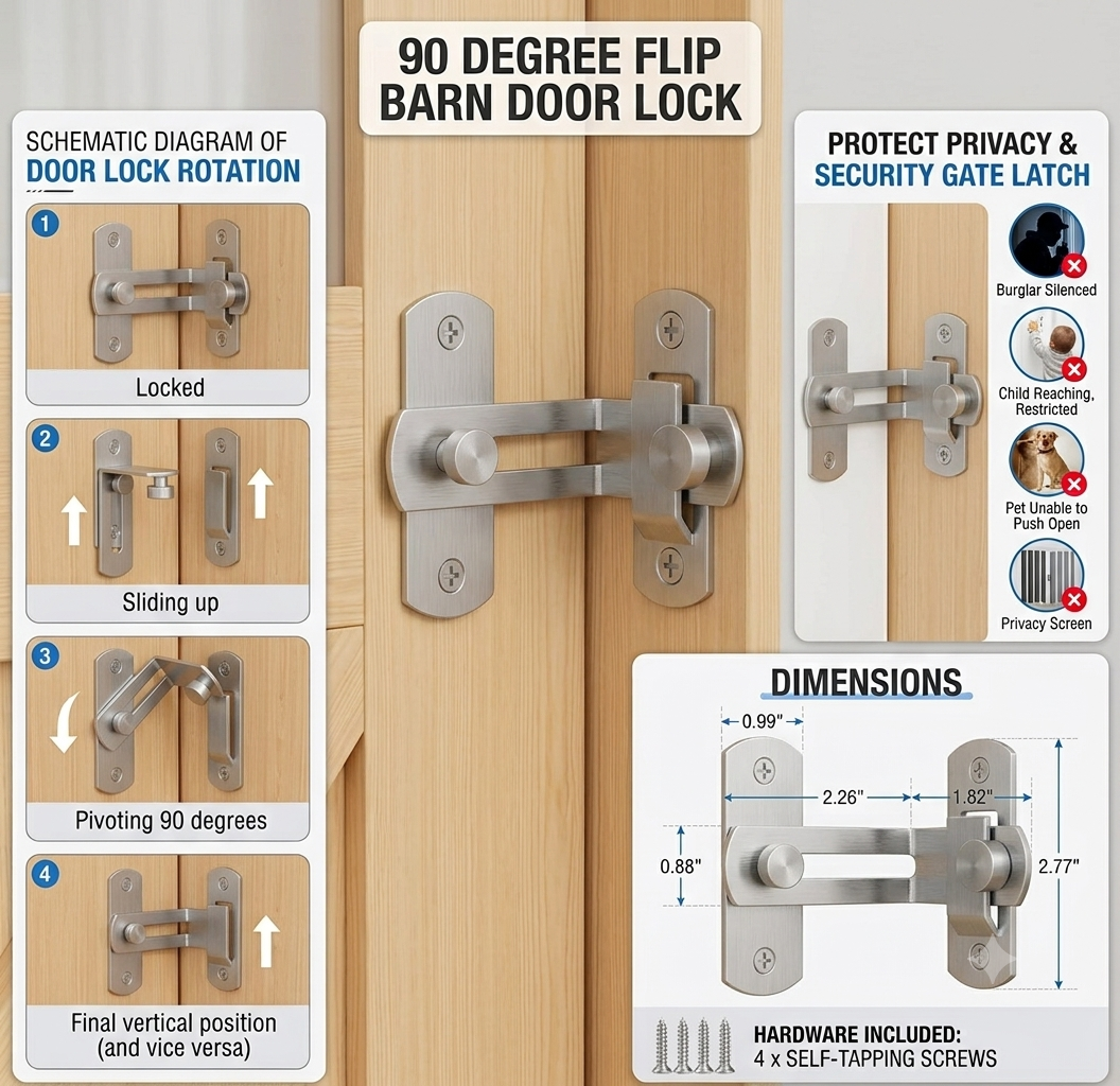 90 Degree Flip Barn Door Lock Privacy & Security Gate Latch Silver(PW-645)