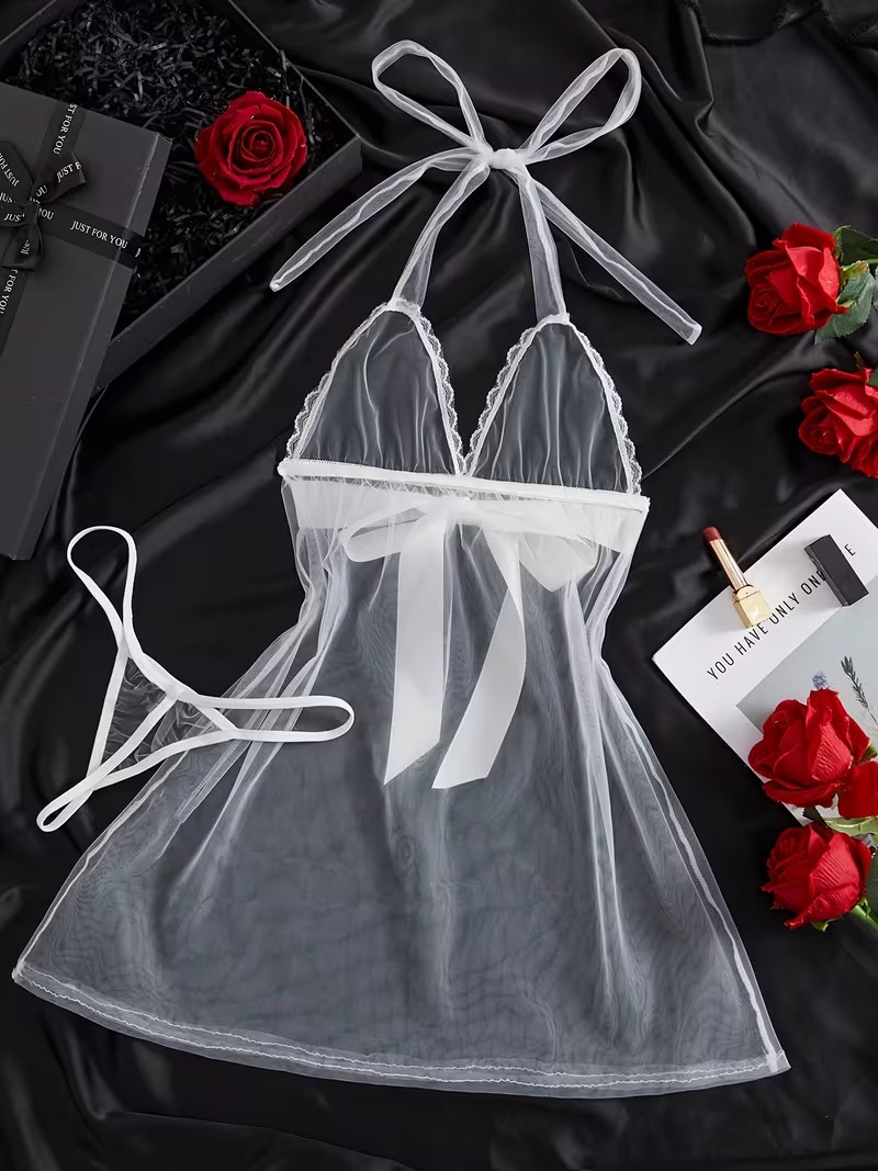 Babydoll blanco transparente con tanga 