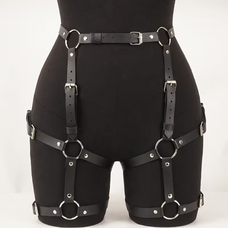 Arnes portaligas de cintura cuero y argollas doble pierna