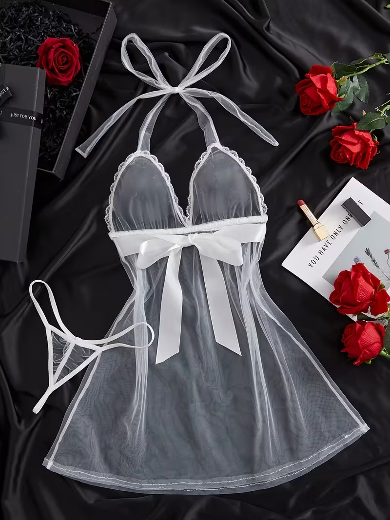 Babydoll blanco transparente con tanga 