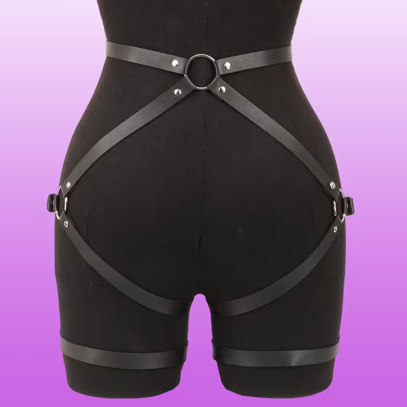 Arnes portaligas de cintura cuero y argollas doble pierna