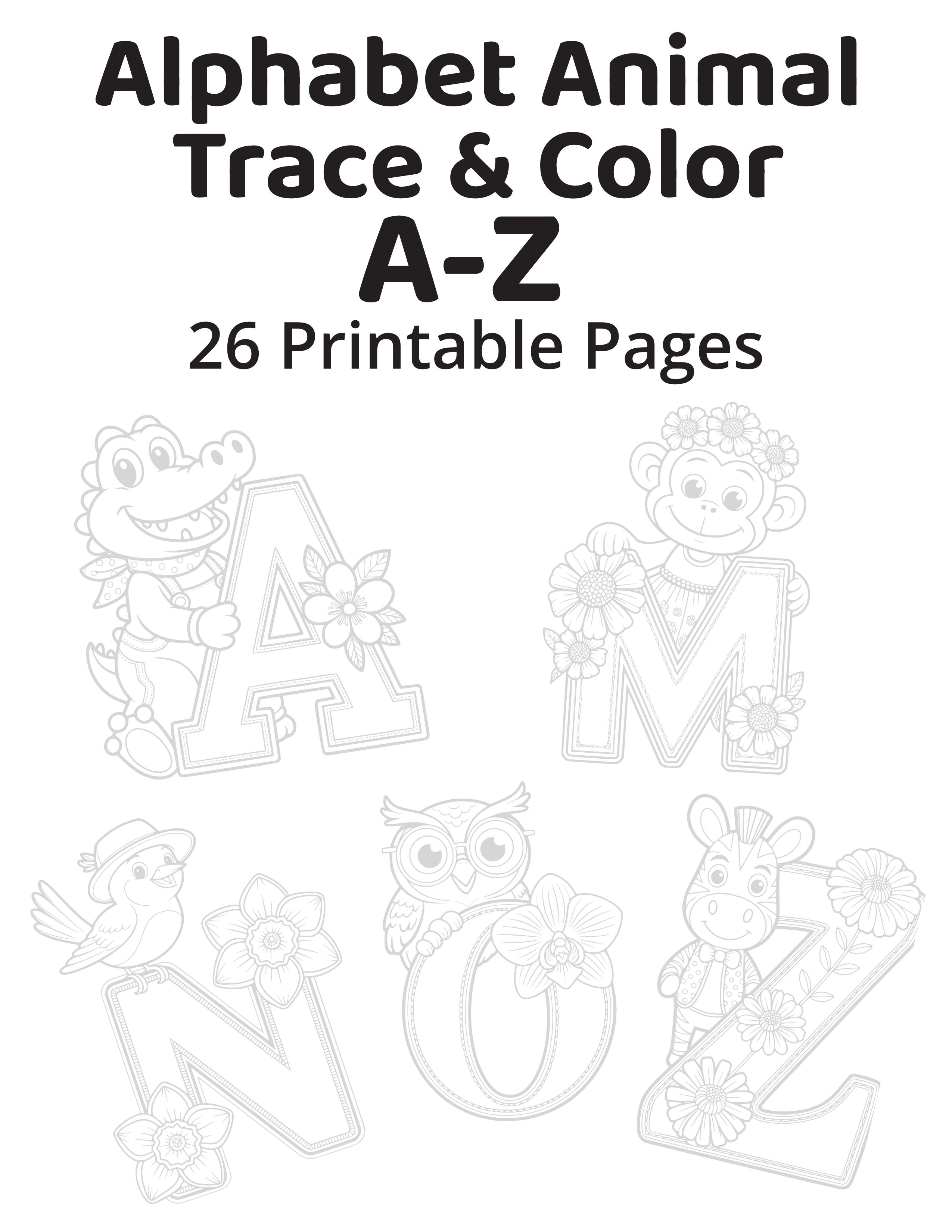 Trace & Color Alphabet Animals A-Z - Complete Set (26 pages)