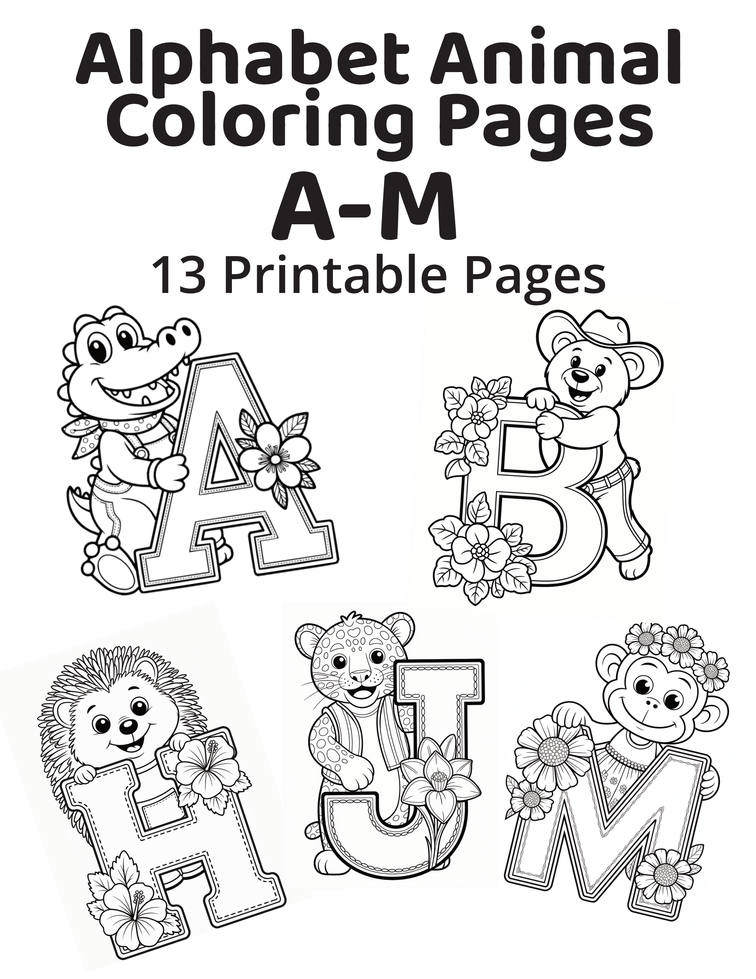 Alphabet Animals Coloring Pages A–M - Core Set (13 Pages)