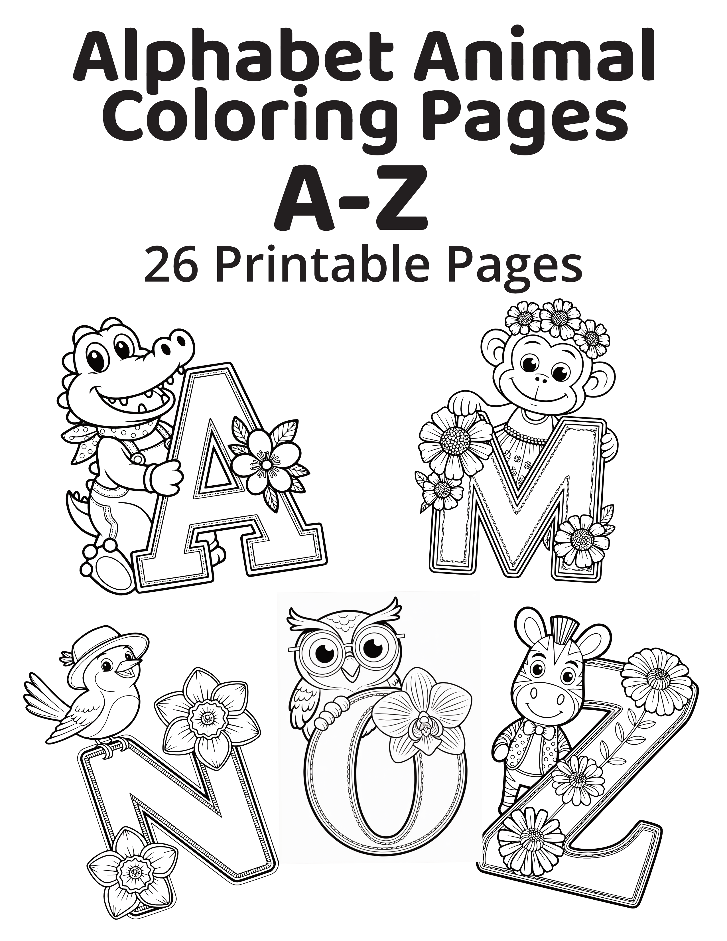 Alphabet Animals Coloring Pages A-Z - Complete Set (26 pages)