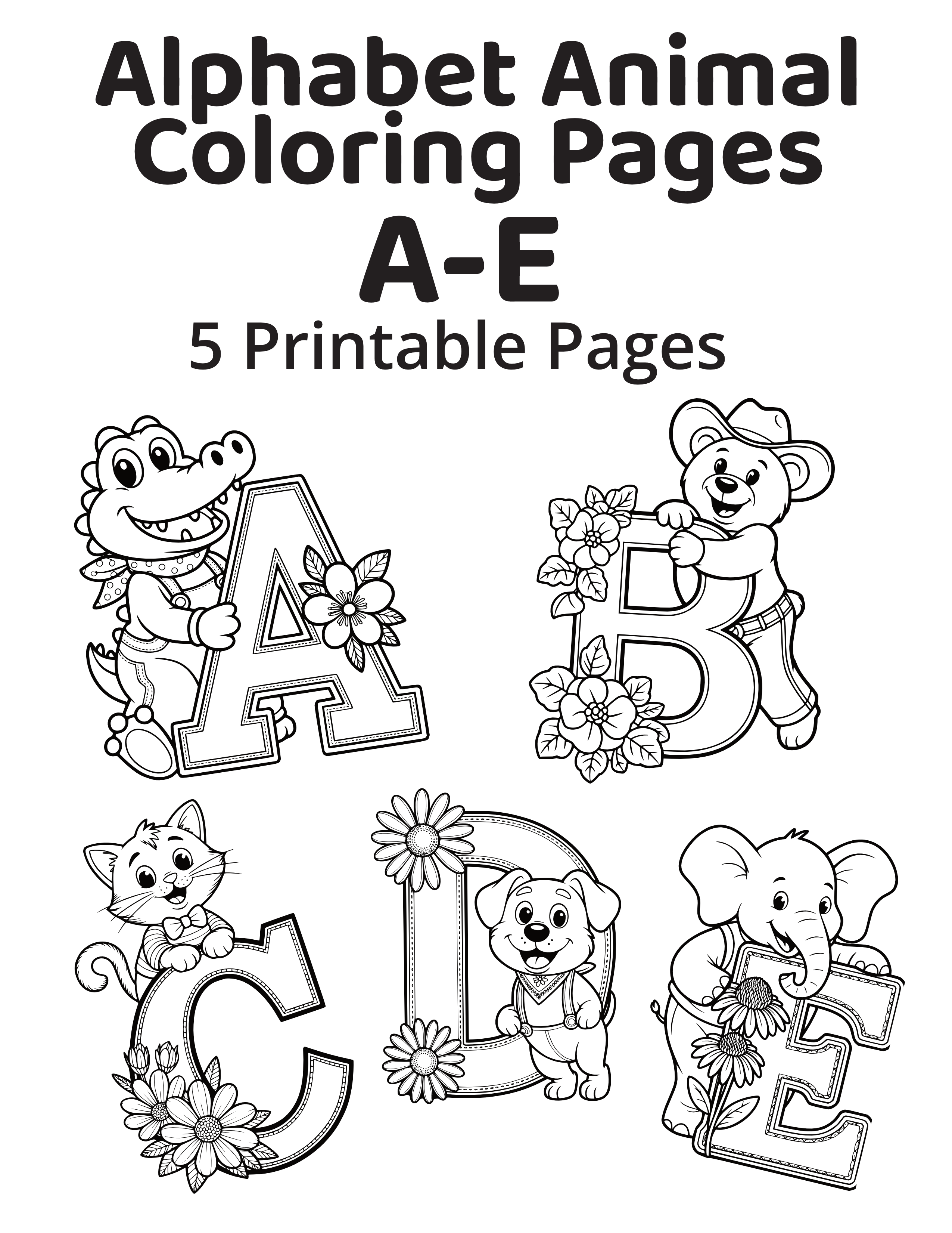 Alphabet Animals Coloring Pages A-E - Mini Set (5 Pages)