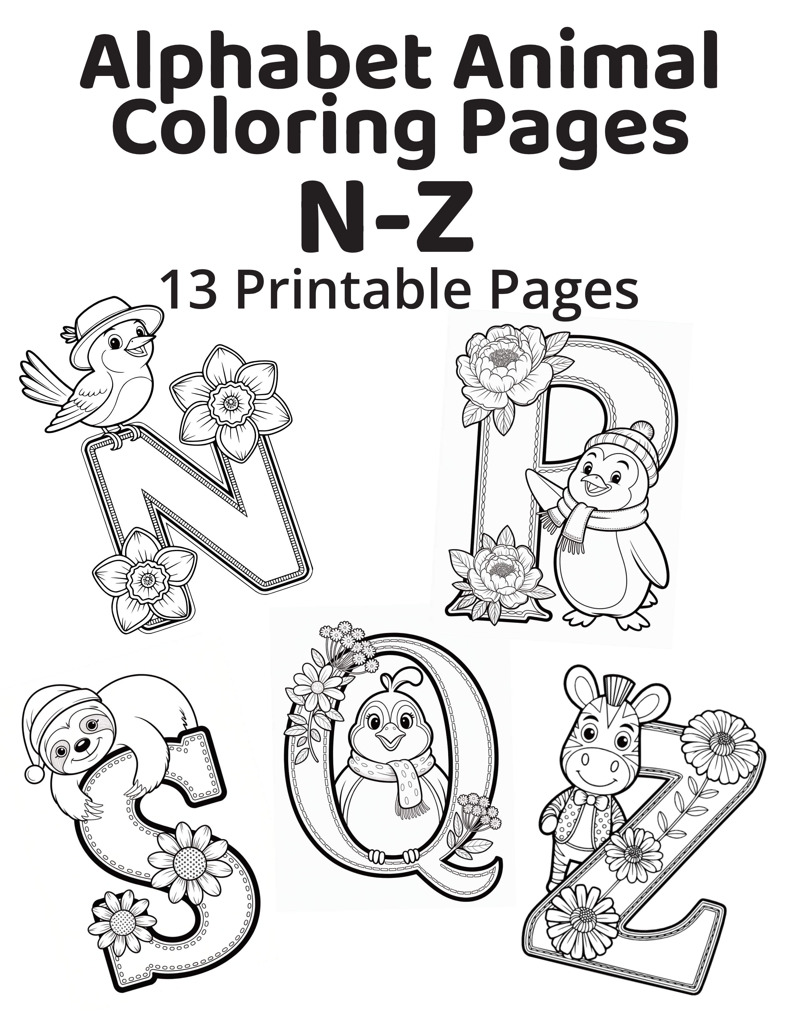 Alphabet Animals Coloring Pages N-Z - Core Set (13 pages)