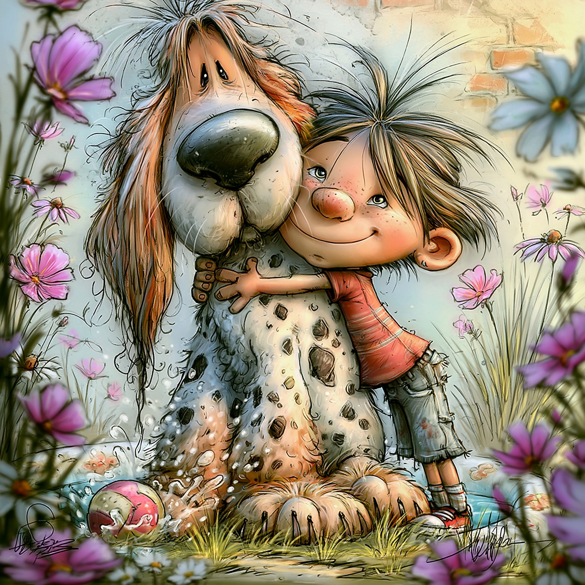Whimsical Boy & Dog Digital Art