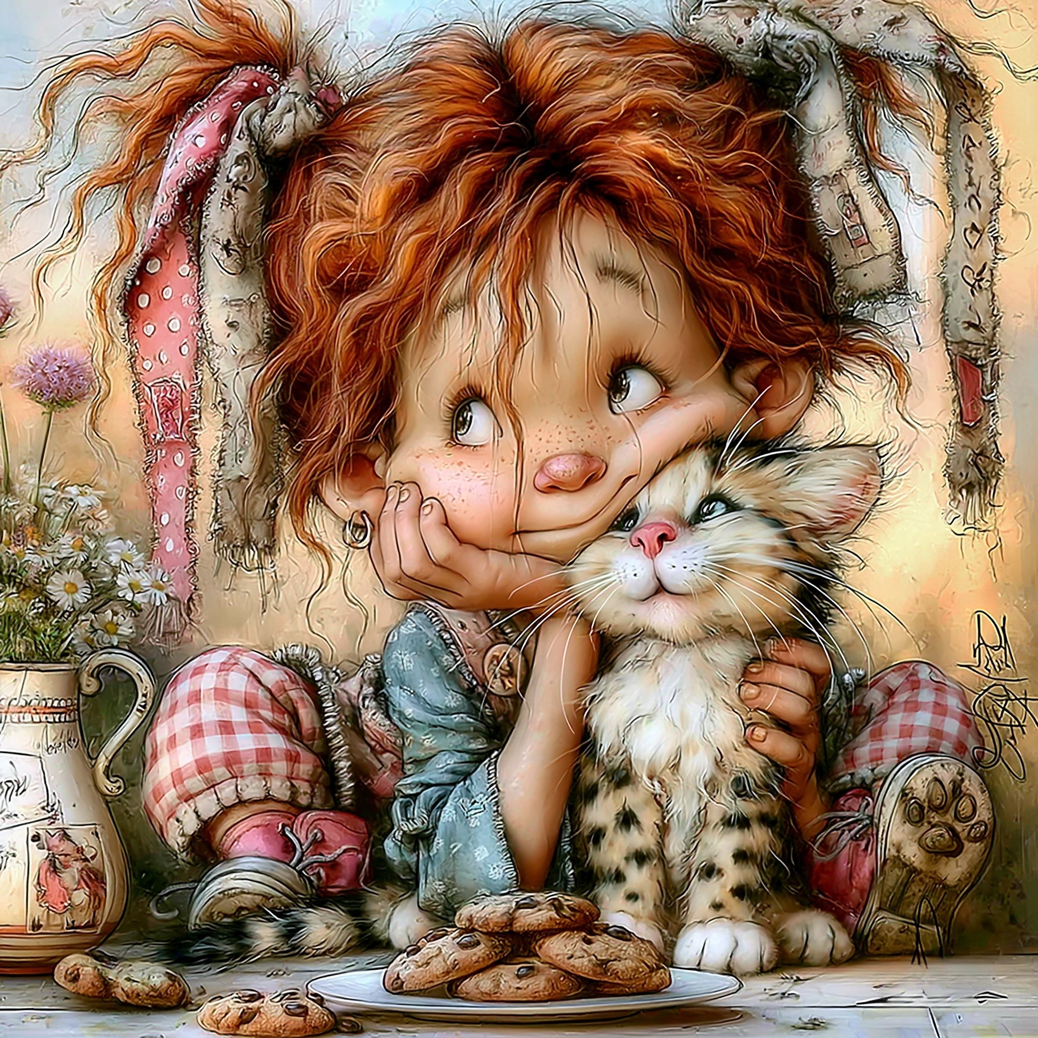 Whimsical Girl & Cat Digital Art