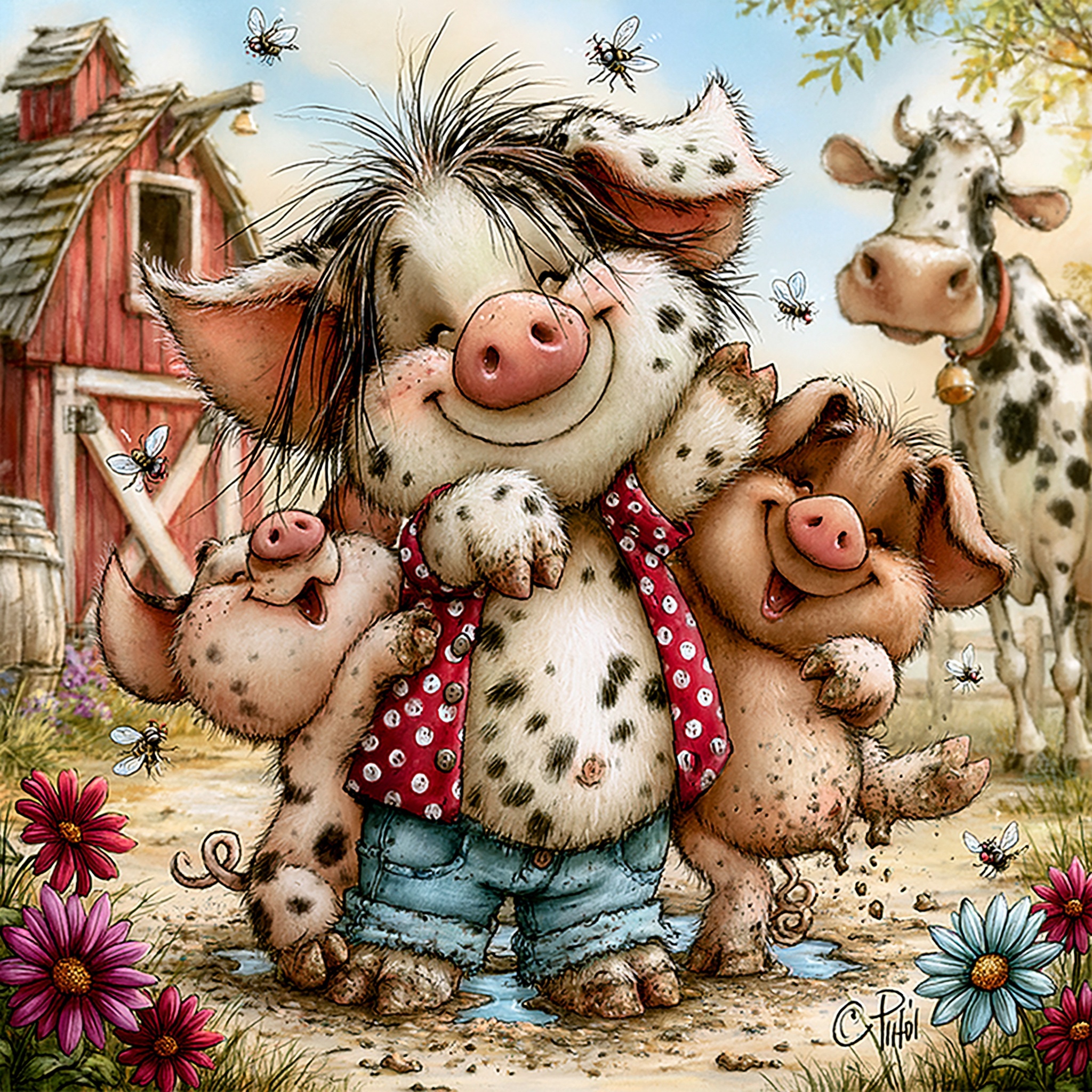 Whimsical Pig Family Digital Art