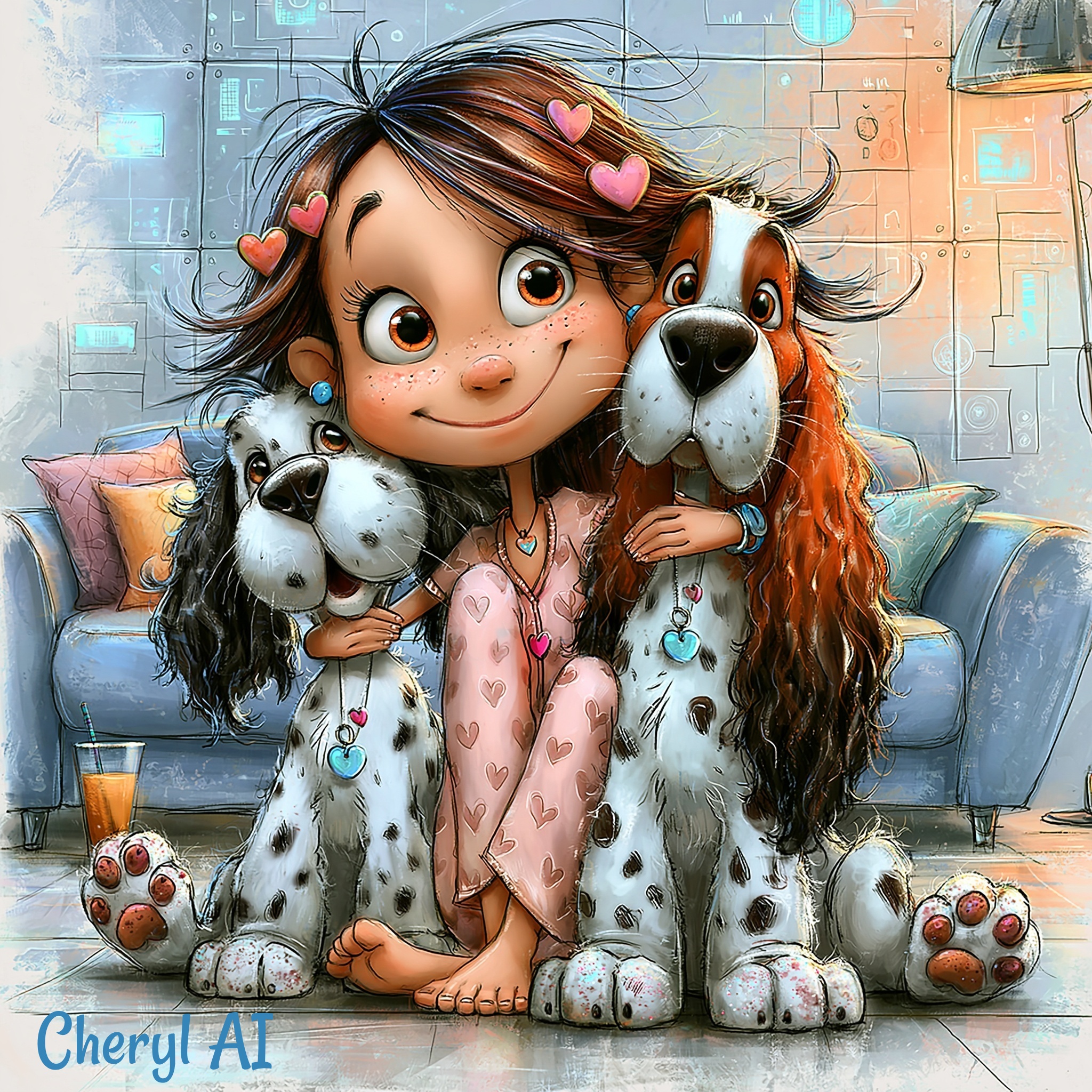 Whimsical Girl & Dogs Digital Art