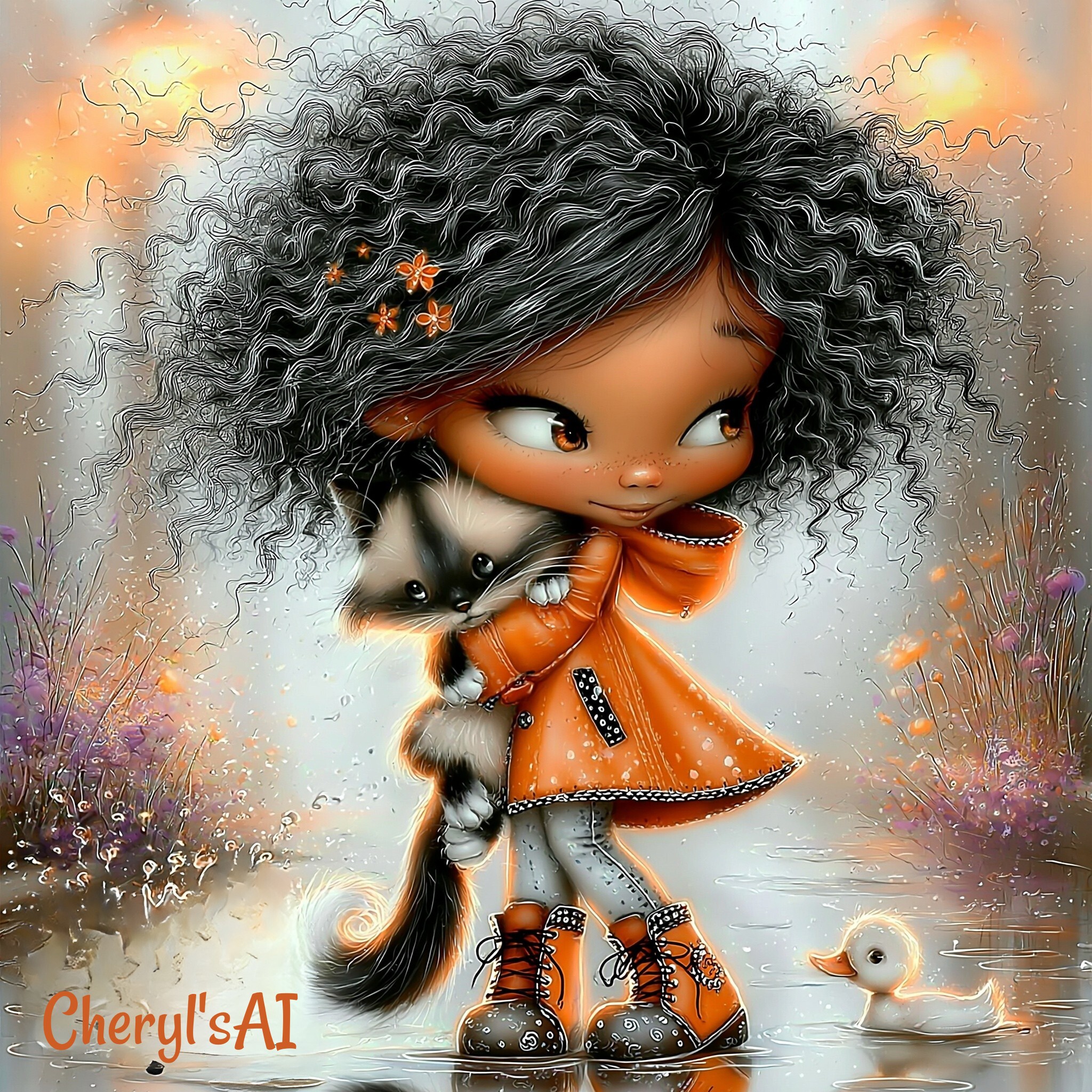 Whimsical Girl & Cat Digital Art
