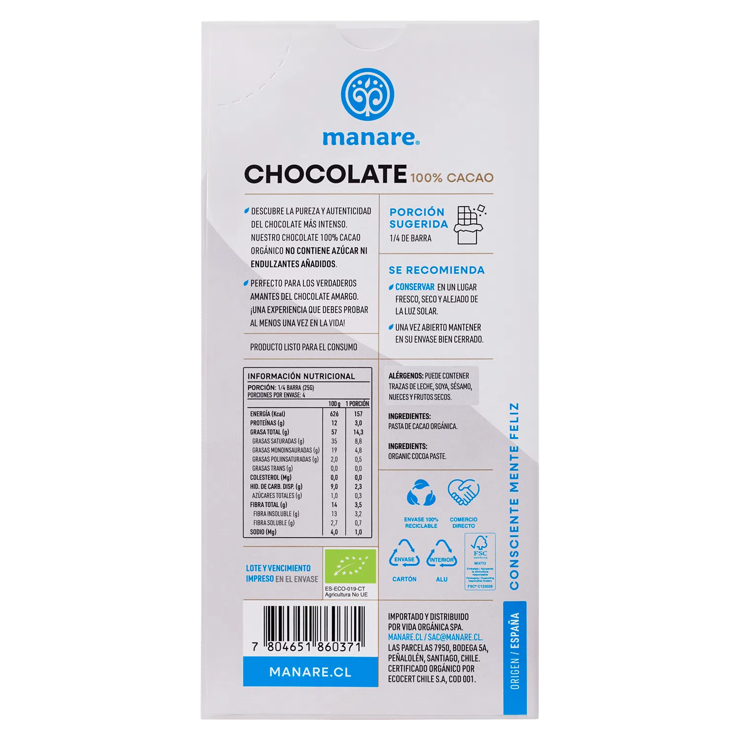 Chocolate 100% Cacao Orgánico 100g