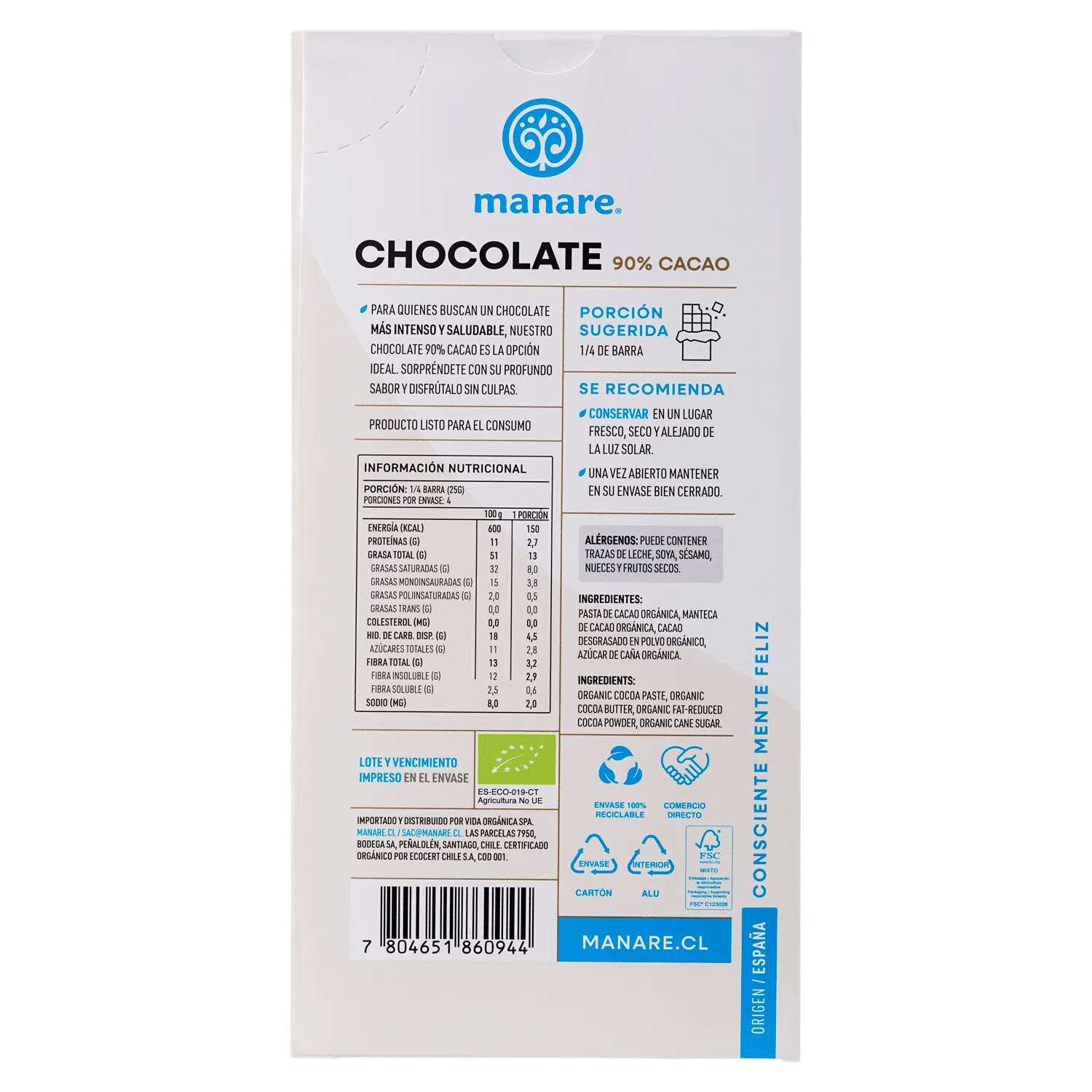 Chocolate 90% Cacao Orgánico 100g