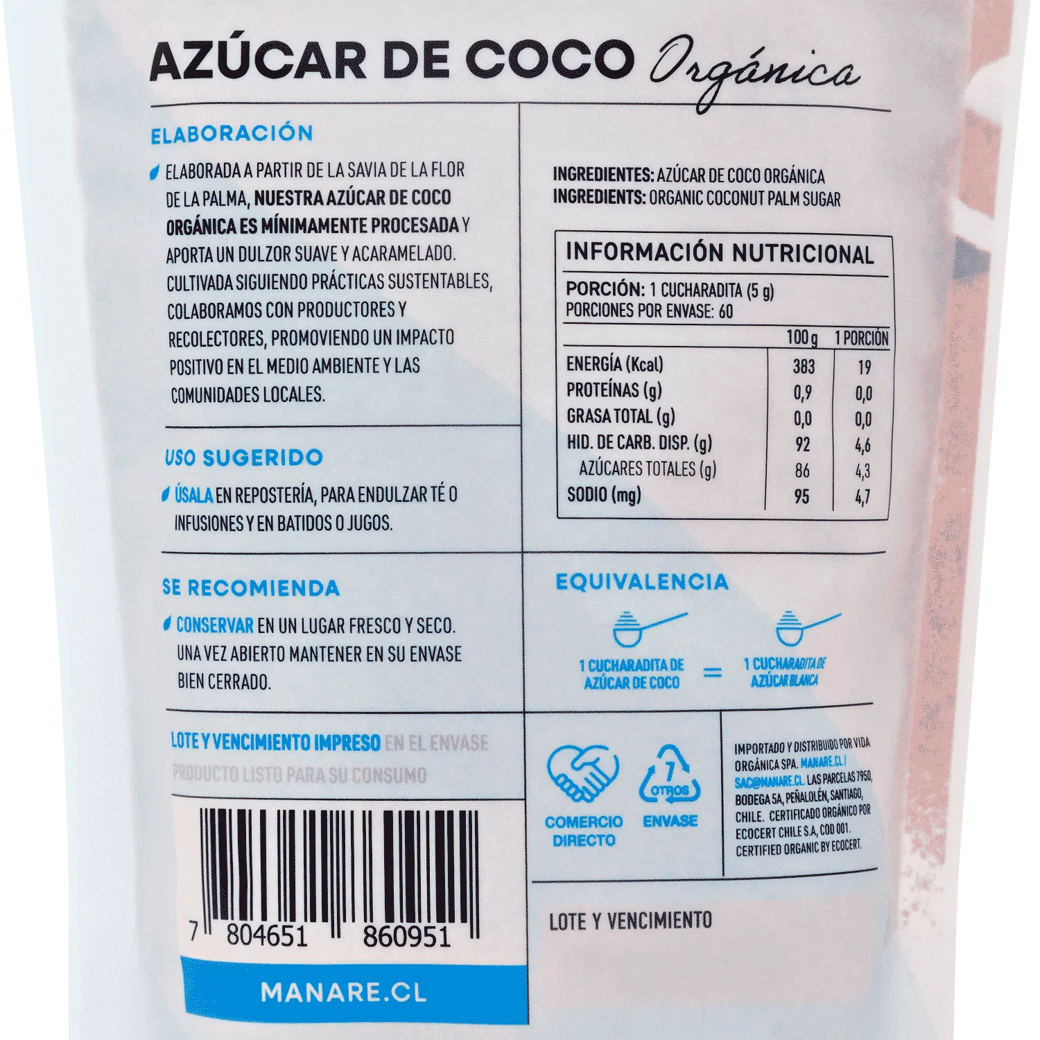 Azúcar de coco orgánica 300 g Manare