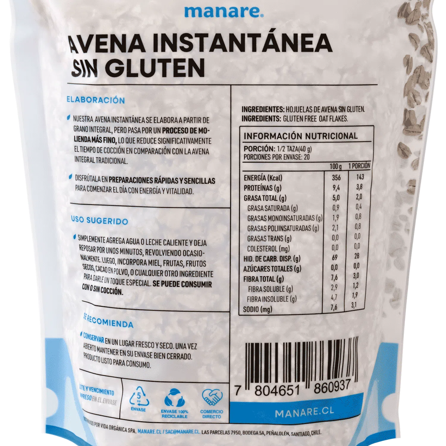 Avena Sin Gluten Instantánea 800 g Manare