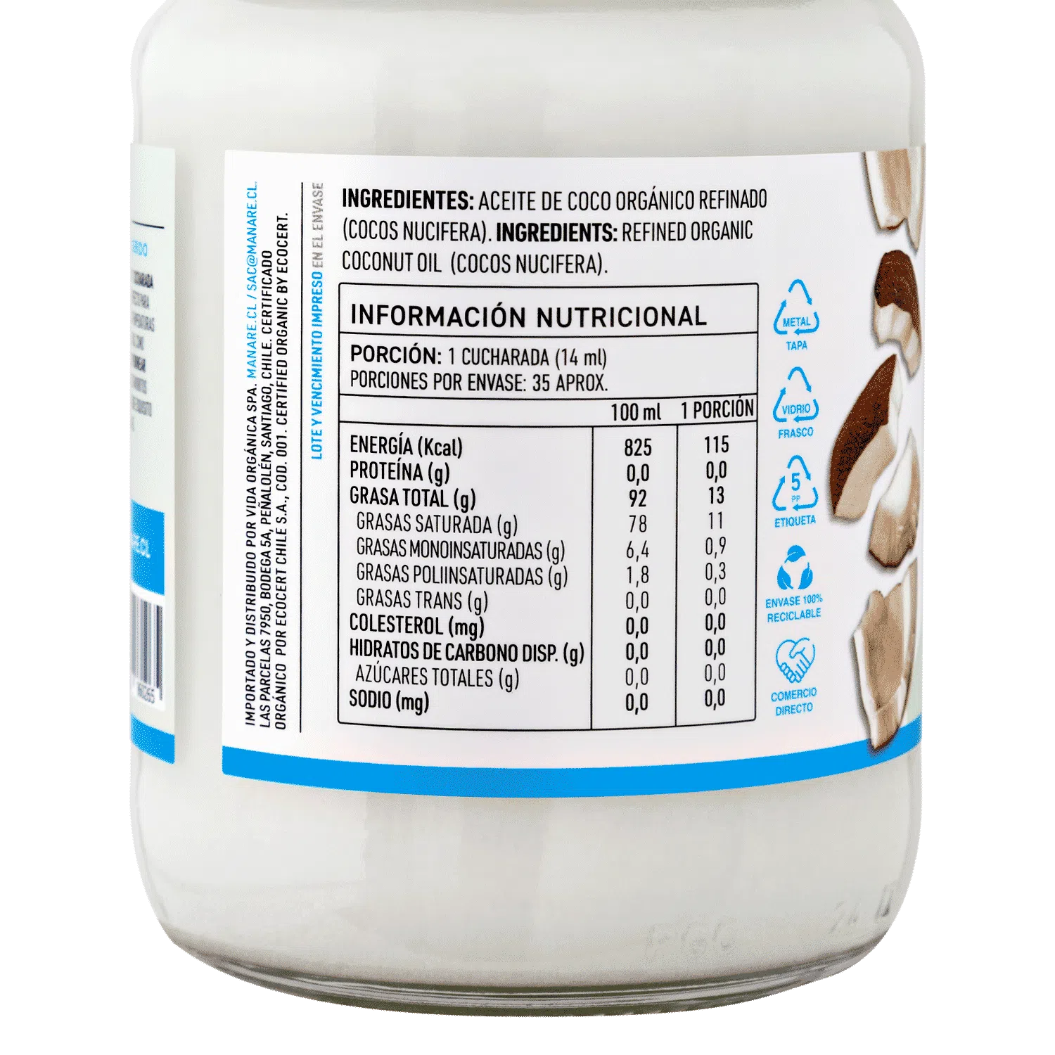 Aceite de Coco Sin Olor 500ml Orgánico