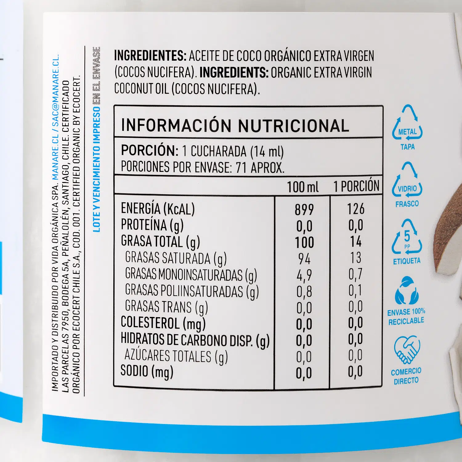 Aceite de Coco Orgánico 1 lt Manare 