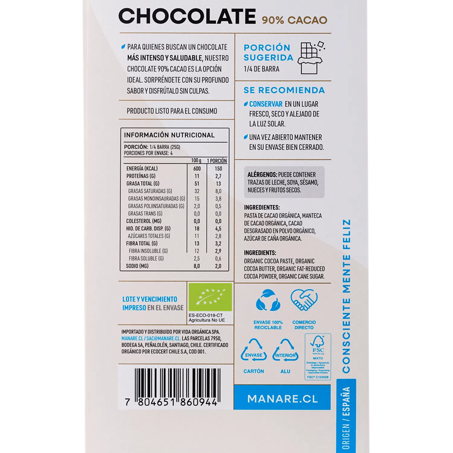 Chocolate 90% Cacao Orgánico 100g