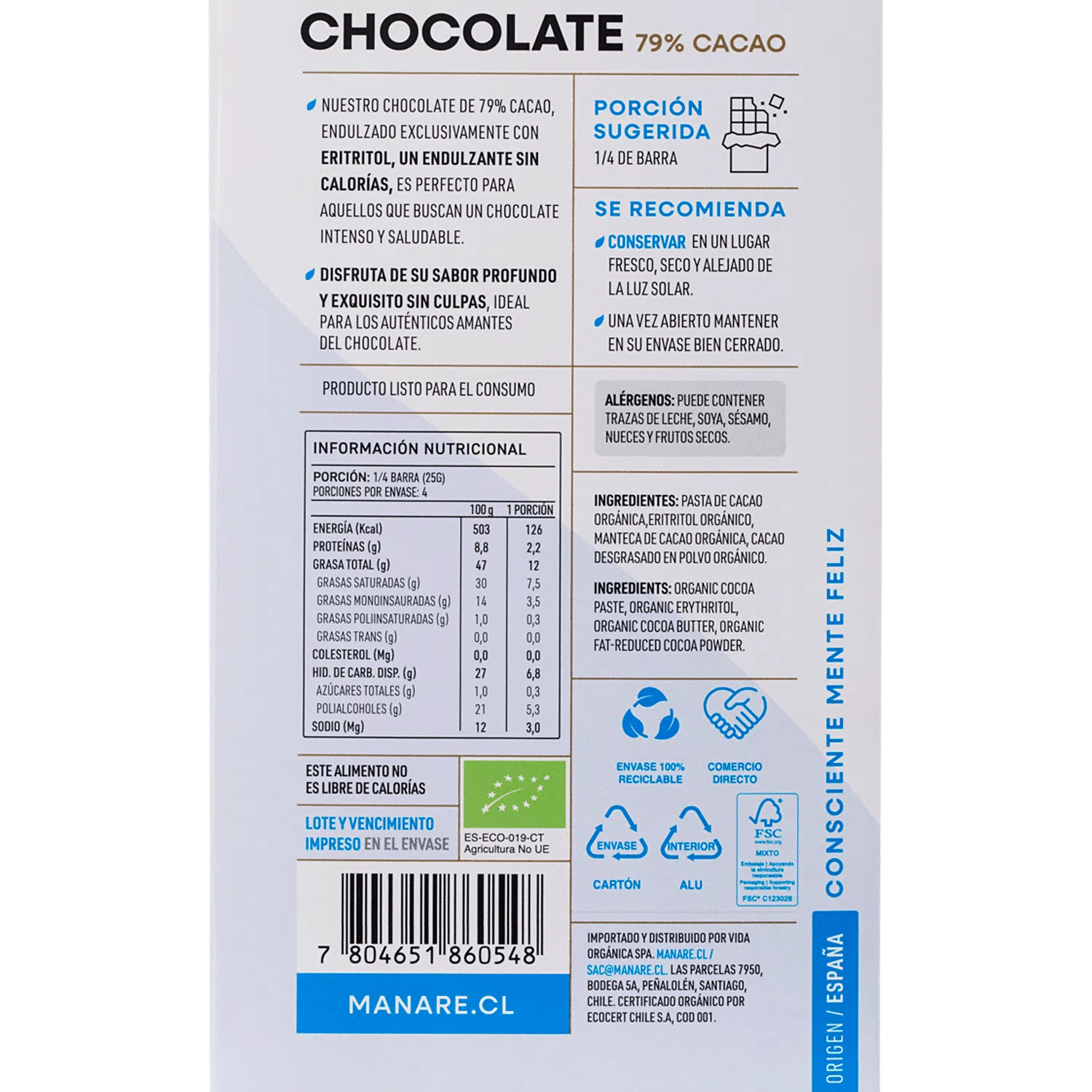 Chocolate sin azúcar 79% Cacao Orgánico 100g